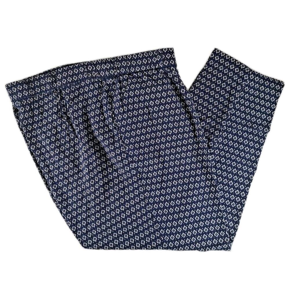 H&M Pull On Cropped Pants Womens 12 Navy Blue Geometric High Waisted Tapered Leg